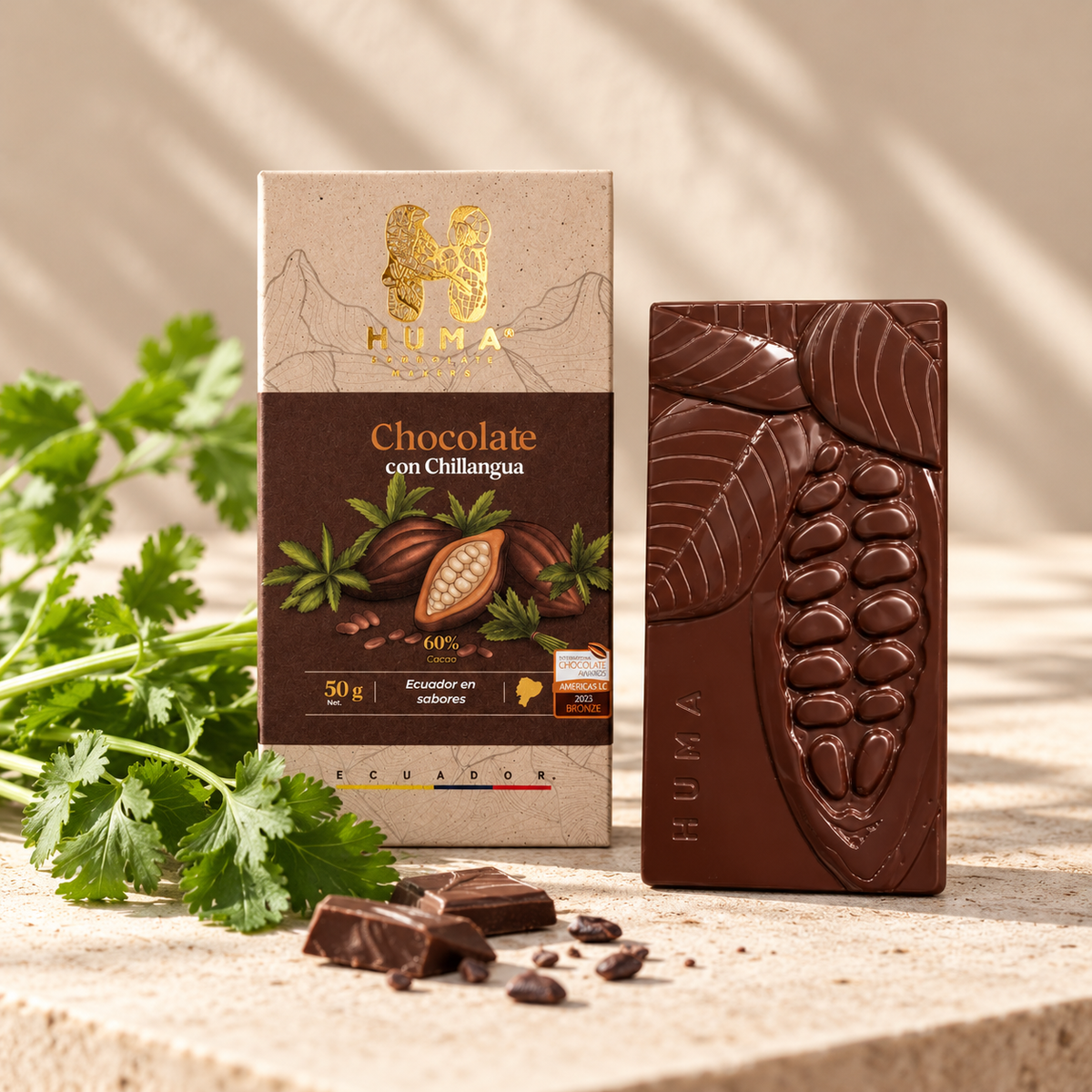 HUMA – 60 % Bean-to-Bar Schokolade mit Chillangua (Koriender) aus Ecuador