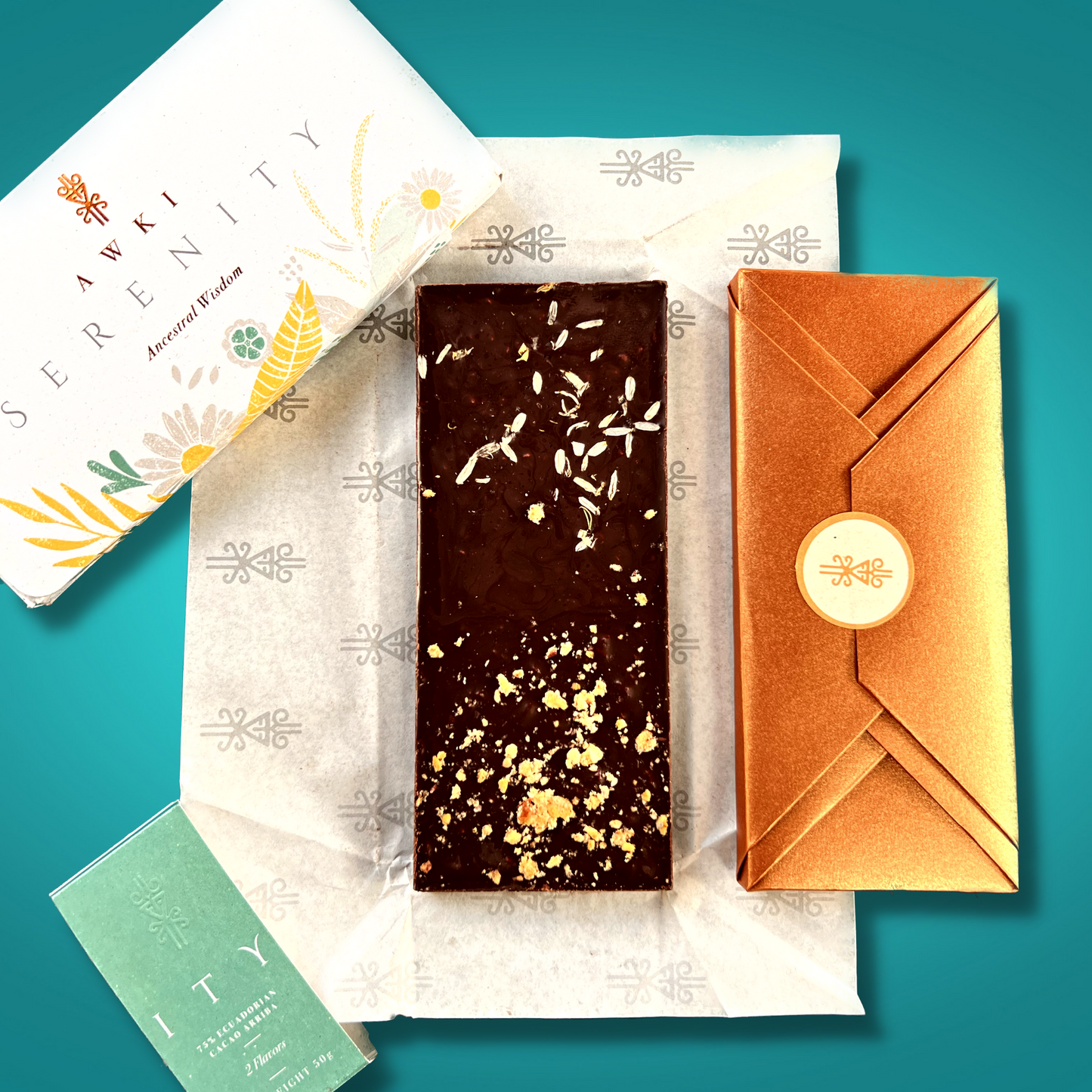 SERENITY chocolate bar AWKI| 2 flavors in 1 bar | 75% dark chocolate with mango, pineappli, chamomile, salt...